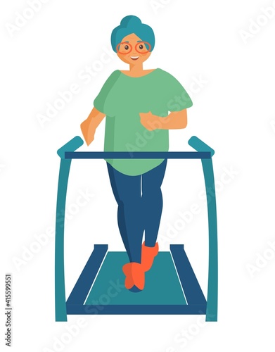 Eldery woman doing exercises on treadmill Workout at home Cartoon illustration