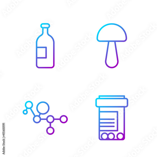 Set line Medicine bottle and pills, Cannabis molecule, Alcohol drink bottle and Psilocybin mushroom. Gradient color icons. Vector.