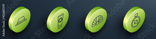 Set Isometric Man hat with ribbon, Sunscreen cream in tube, Scallop sea shell and Compass icon. Vector.