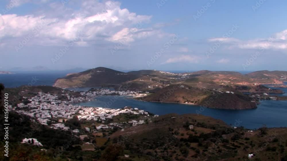 Patmos Greece timeles with clouds and shadows above the port of the Scala Patmos Greece timeles with clouds and shadows above the port of the Scala