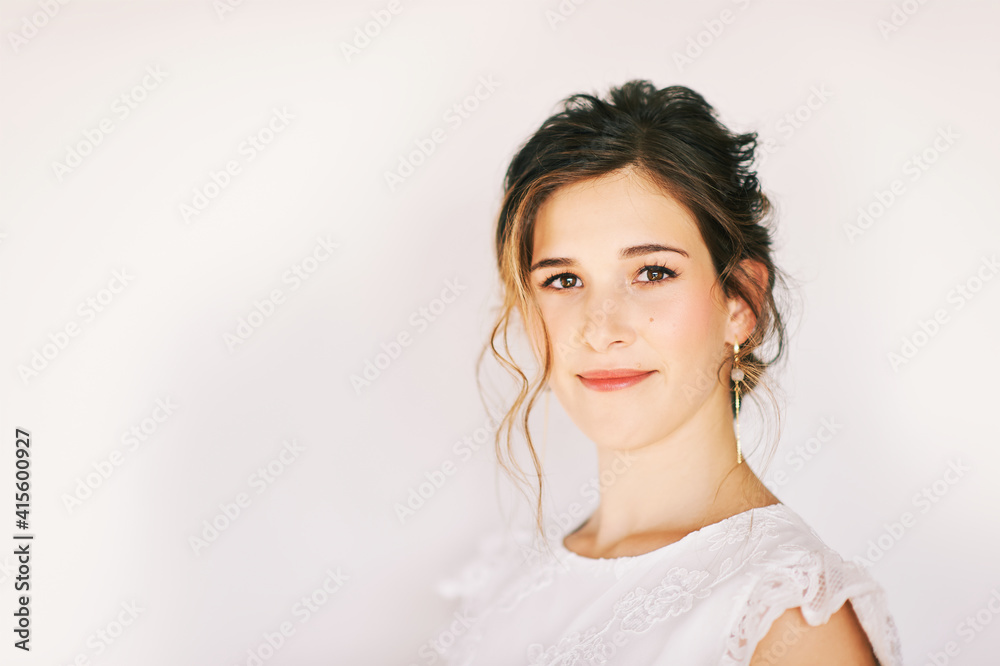 Close up portrait of romantic young girl wearing lace dress Close up portrait of romantic young girl wearing lace dress