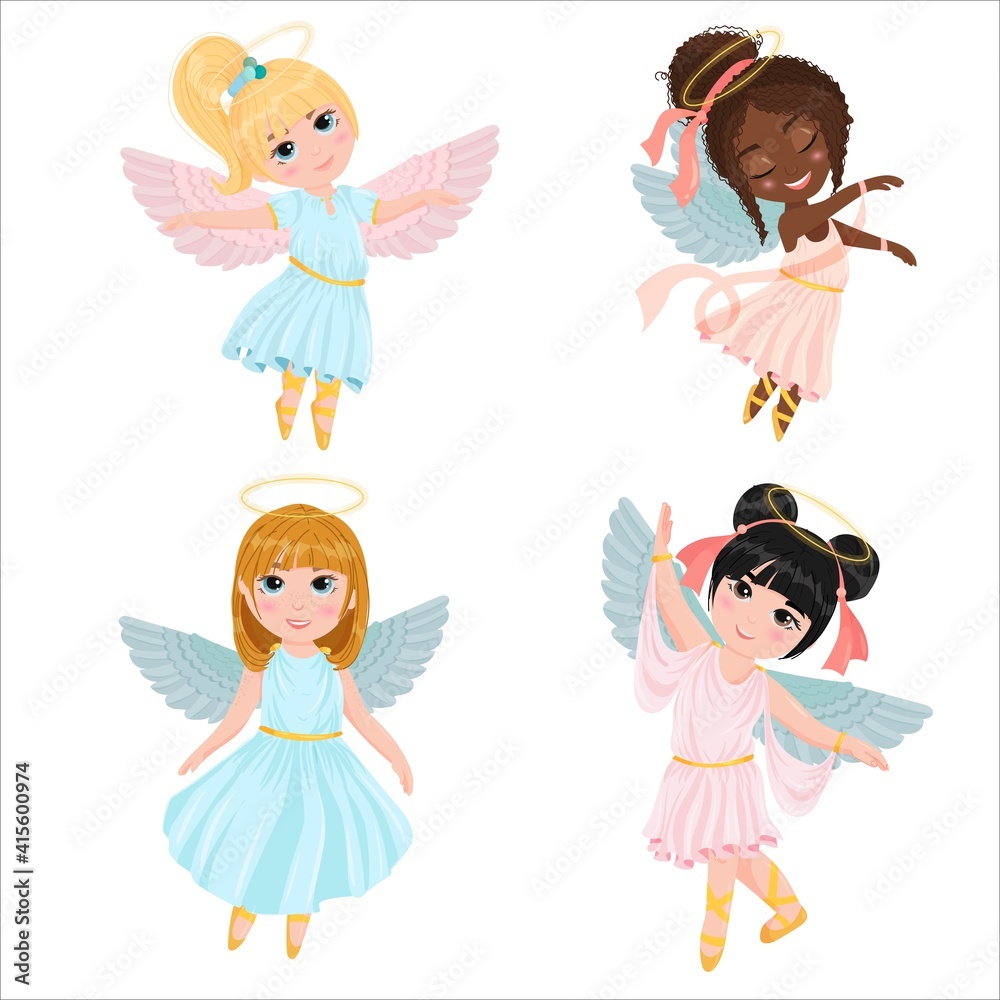 Set of Dancing Angels. Wings and halo. Children are dressed like angels. Simple drawing in pastel colors. Vector illustration in cartoon style isolated on white background. Set of Dancing Angels. Wings and halo. Children are dressed like angels. Simple drawing in pastel colors. Vector illustration in cartoon style isolated on white background.