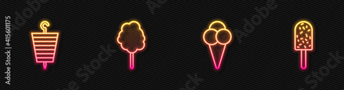 Set line Ice cream in waffle cone, Grilled shish kebab, Cotton candy and . Glowing neon icon. Vector.