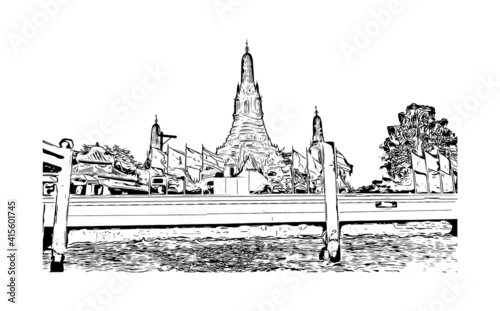 Building view with landmark of Bangkok is the
capital of Thailand. Hand drawn sketch illustration in vector.