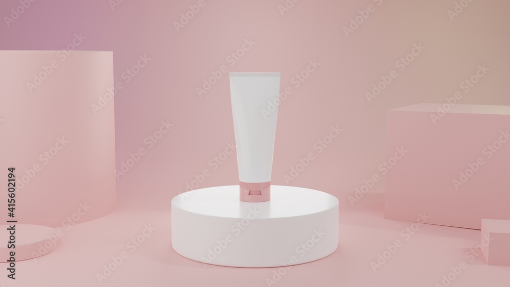 3D rendering Cosmetic product: A white tube with pink lid stand on the white podium with pink geometric background 3D rendering Cosmetic product: A white tube with pink lid stand on the white podium with pink geometric background
