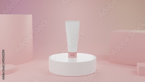 3D rendering Cosmetic product: A white tube with pink lid stand on the white podium with pink geometric background