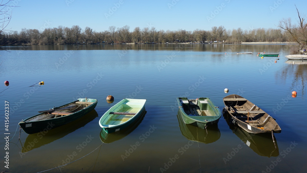 boats in the nature reserve Auer Koepfle-Illinger Altrhein-Motherner Woerth with the view of France, in the community Au am Rhein in the region Baden-Wuerttemberg in the month of February, Germany boats in the nature reserve Auer Koepfle-Illinger Altrhein-Motherner Woerth with the view of France, in the community Au am Rhein in the region Baden-Wuerttemberg in the month of February, Germany