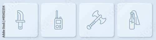 Set line Military knife, War axe, Walkie talkie and Cocktail molotov. White square button. Vector.