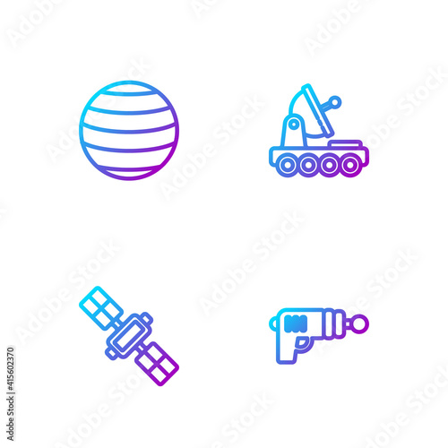 Set line Ray gun, Satellite, Planet Venus and Mars rover. Gradient color icons. Vector.