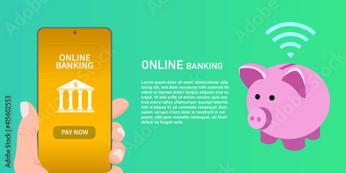 Online banking on smartphone.Online payment with piggy coin box.Online payment concept.Vector illustrator.