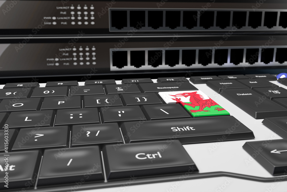 Wales Technology Online Concept, Welsh flag on a computer keyboard. 3D Illustration Wales Technology Online Concept, Welsh flag on a computer keyboard. 3D Illustration