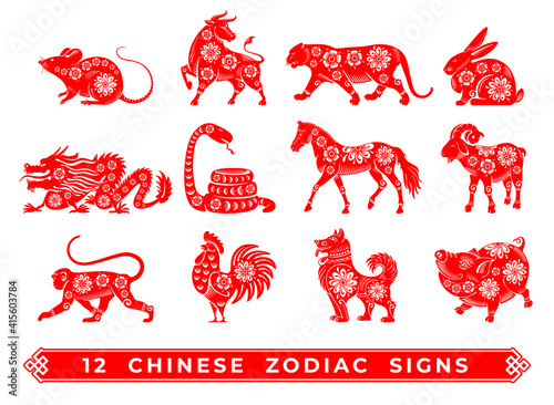 Chinese zodiac signs set. Set consists of silhouette of animals, painted in chinese graphic style with floral ornate. Vector illustration.