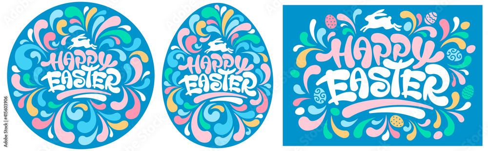 Set of Happy Easter cards or stickers templates with colorful ornament, rabbit and eggs. Unusual hand drawn calligraphy. Can be easy used for any design on Easter celebrations. Vector illustration.