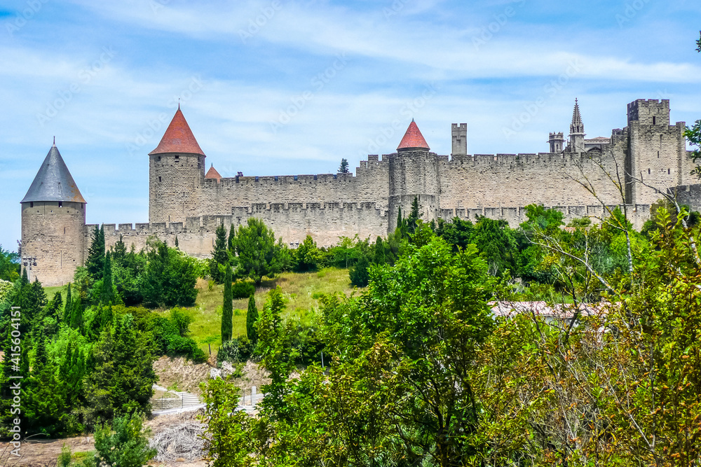 panoramic view of the historic center of Carcassonne surrounded by the walls of an old castle