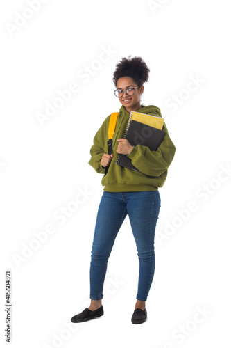 Black female student isolated on white