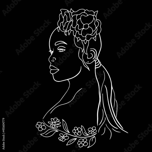 Abstract woman face one line drawing. Portrait minimalistic style. Modern abstract face with flower in hear white line on black. Minimalism concept of african women face, long hear. Face line art