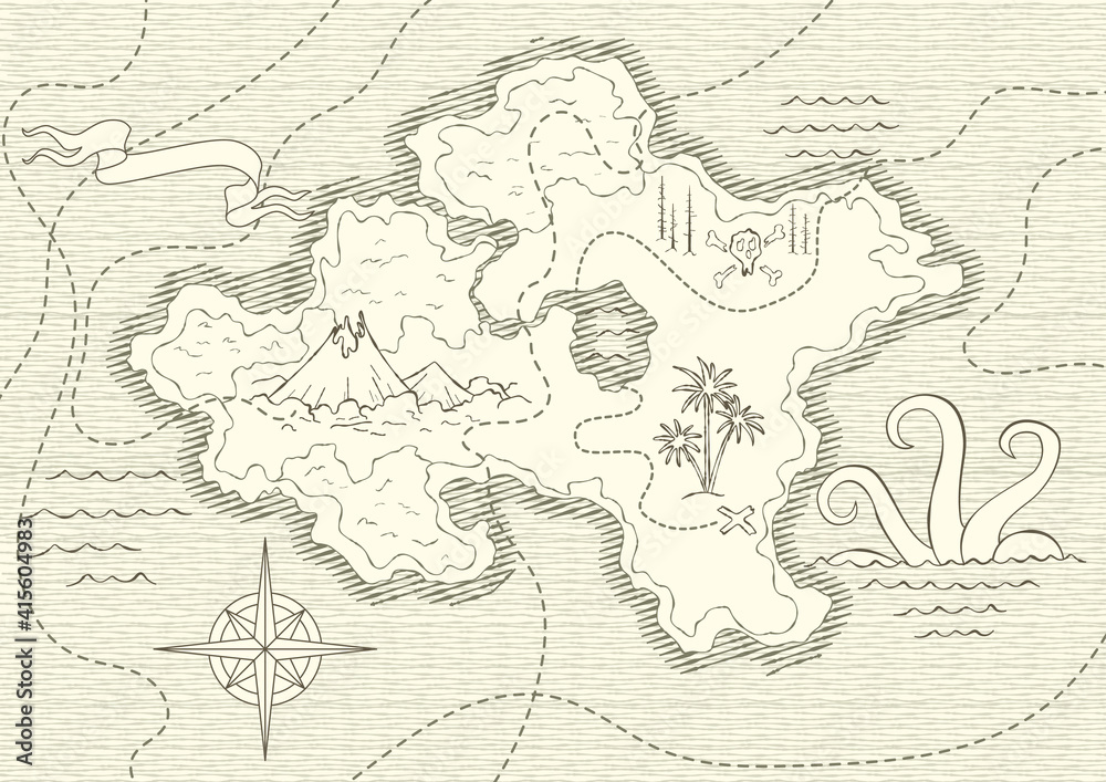 Old hand drawn pirate treasure map with vintage wind rose, routs ...