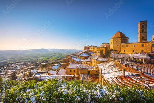 Volterra snowy town in winter. Tuscany, Italy
