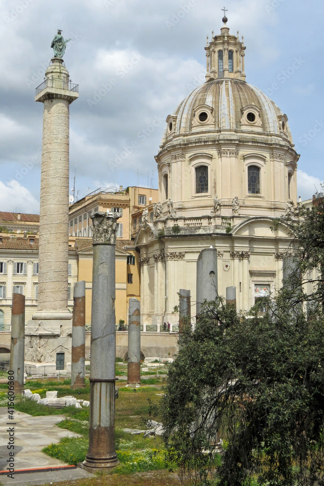 View of the antique Trajan's Column next to the Church of the Holy Name of Mary on the Trajan's Market on the Forum Romanum in Rome, Italy Europe
