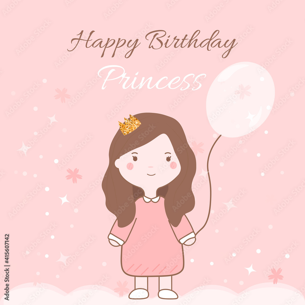 Happy birthday greeting card for children with cute girl, crown and balloon on pink background
Happy birthday greeting card for children with cute girl, crown and balloon on pink background