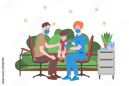 Vaccination concept for immunity health. Vaccine anti Covid-19. Doctors makes an injection of antivirus vaccine to kids and inviting next. Child healthcare, coronavirus, prevention and immunize.