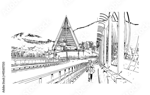 Building view with landmark of Tromso a city in northern Norway. Hand drawn sketch illustration in vector.