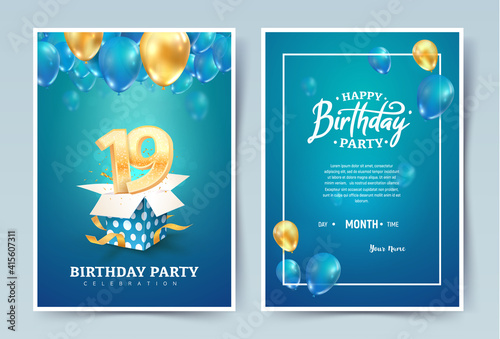 19th years birthday vector invitation double card. Nineteen years anniversary celebration brochure. Template of invitational for print on blue background