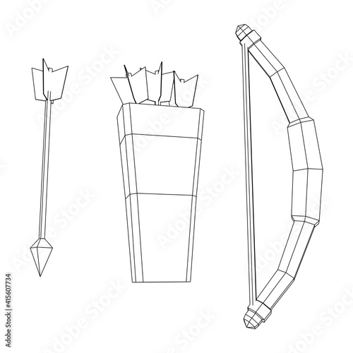Medieval Bow and arrow archer weapon. Wireframe low poly mesh vector illustration.