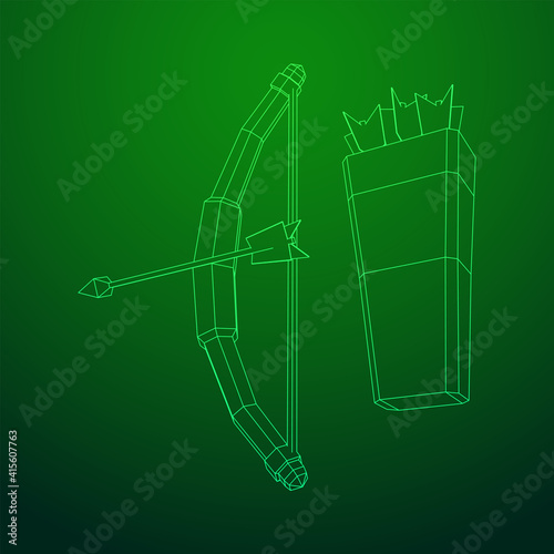 Medieval Bow and arrow archer weapon. Wireframe low poly mesh vector illustration.
