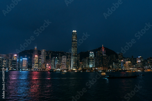 Hong Kong Island Cityscape at night from across the harbor.