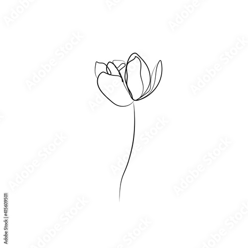 Flower Abstract One Line Drawing. Black Line Floral Sketch on White Background. Vector EPS 10.