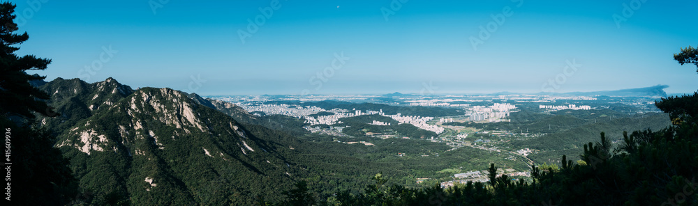 Panoramic view from the mountain tops in Bukhansan National Park, Seoul, South Korea.