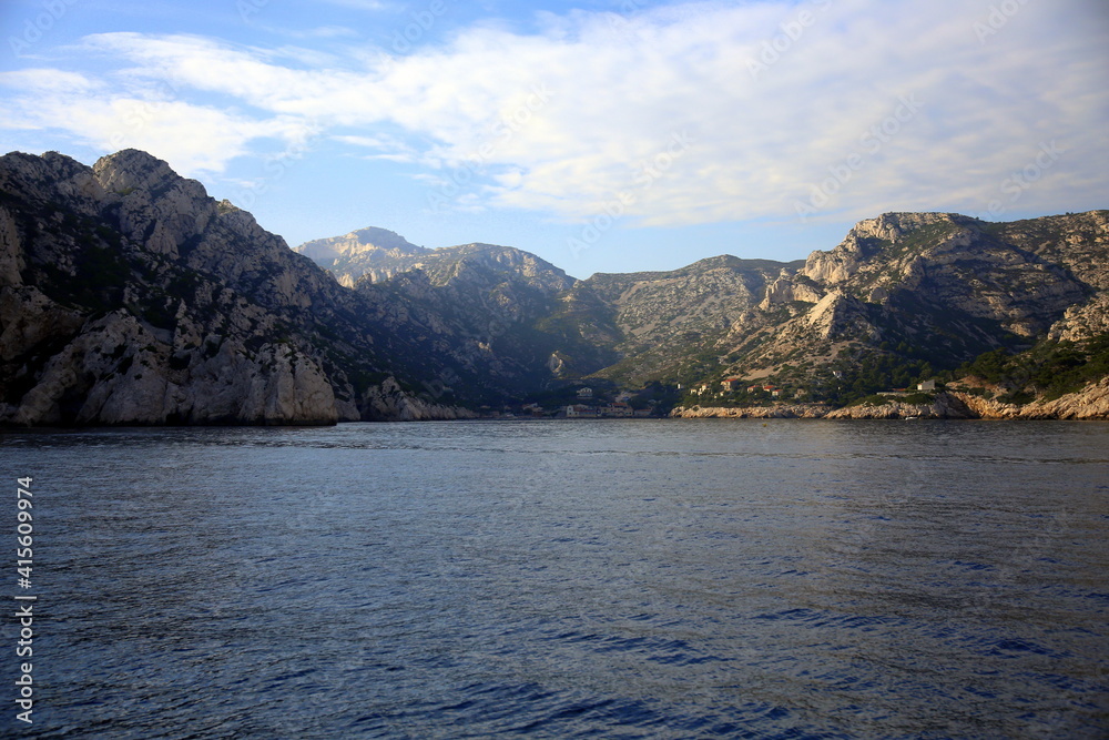 Panorama of the coast under sunset light, Parc National des Calanques, Marseille, France