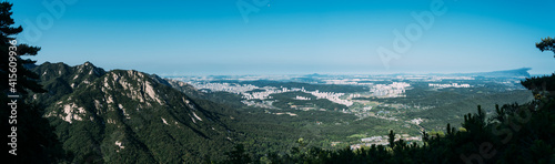 Panoramic view from the mountain tops in Bukhansan National Park  Seoul  South Korea.