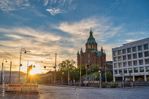 Helsinki Finland  sunrise city skyline at Uspenski Cathedral