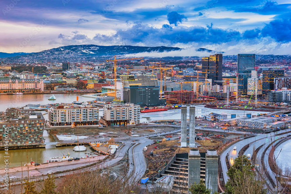 Oslo Norway, city skyline at business district and Barcode Project