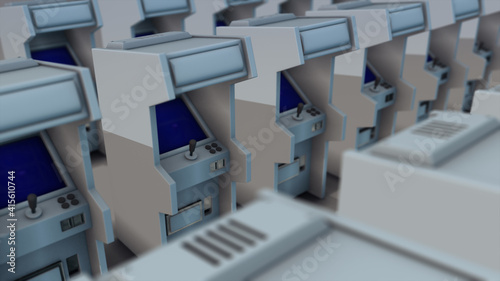 3d rendered illustration of Arcade Game Machines in a row in white background. High quality 3d illustration