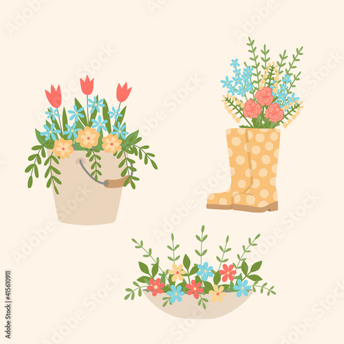 Garden flowers in a bucket, boots, creative flower beds. Isolated objects, symbols of gardening. Cute vector illustration.