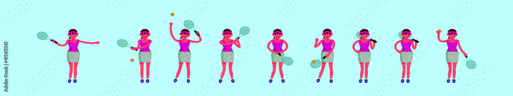 set of tennis player cartoon icon design template with various models. vector illustration isolated on blue background