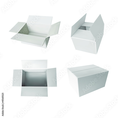 Vector White Boxes Set Isolated on White Background, Realistic 3D Blank Mockups, Empty Boxes.
