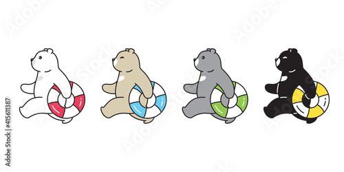 Bear vector polar bear swimming ring pool icon logo beach summer ocean teddy cartoon character doodle symbol illustration design