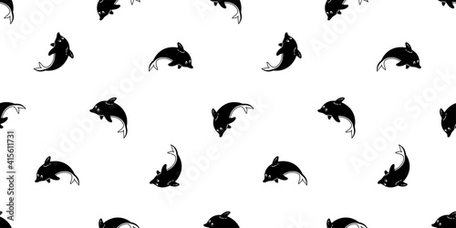 dolphin Seamless pattern fish vector shark whale tuna doodle cartoon salmon ocean sea scarf isolated repeat wallpaper tile background illustration design © CNuisin