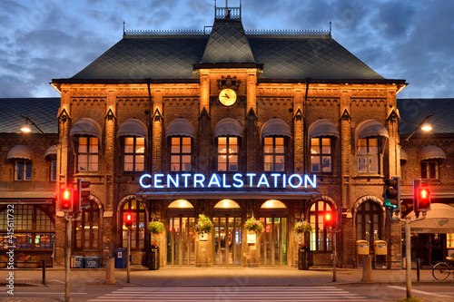 Historic building of railway station in Gothenburg at evening time