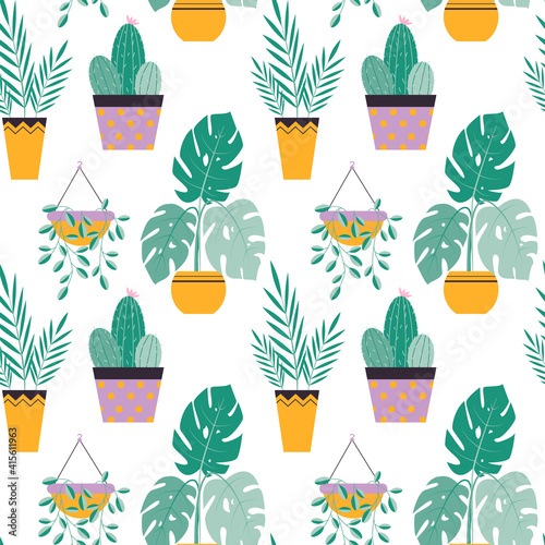 Vector illustration of a seamless pattern of trendy house plants in pots: aloe vera, fiddle leaf fig, snake plant, monstera, burros tail, aglaonema, jade plant. Decor for the interior of the house