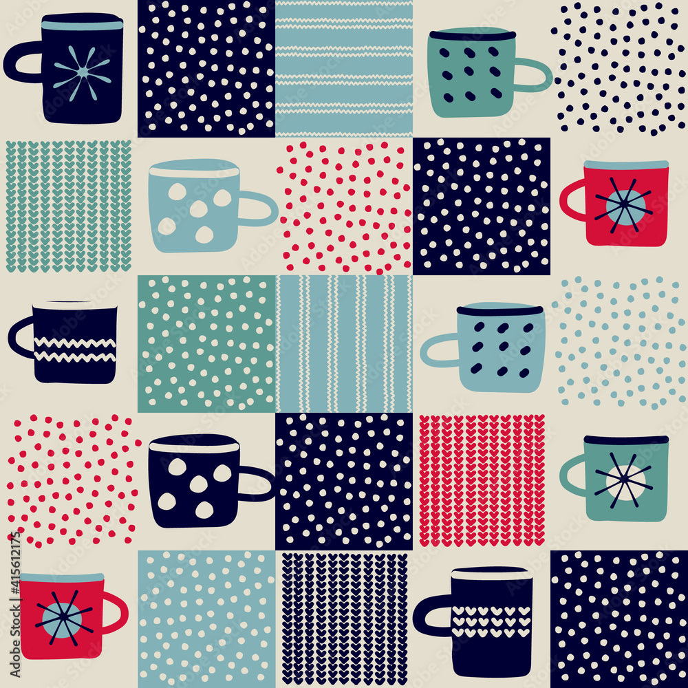 Obraz premium Seamless pattern, patchwork with hand drawn cups, polka dot, waves in rustic Scandinavian hygge style for surface design and other design projects