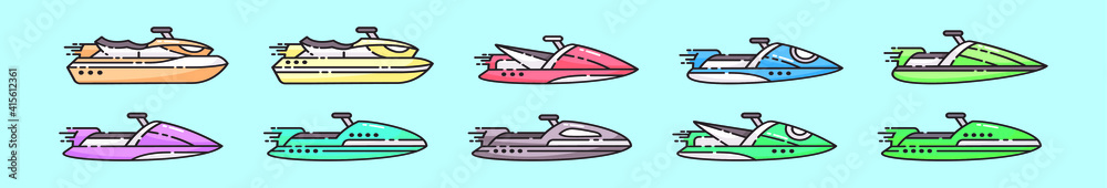 set of water jet ski cartoon icon design template with various models. vector illustration isolated on blue background set of water jet ski cartoon icon design template with various models. vector illustration isolated on blue background