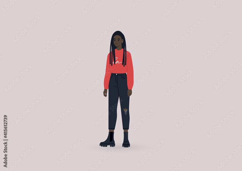 A young female Black character wearing heavy black boots and a red long sleeve shirt, modern casual lifestyle A young female Black character wearing heavy black boots and a red long sleeve shirt, modern casual lifestyle