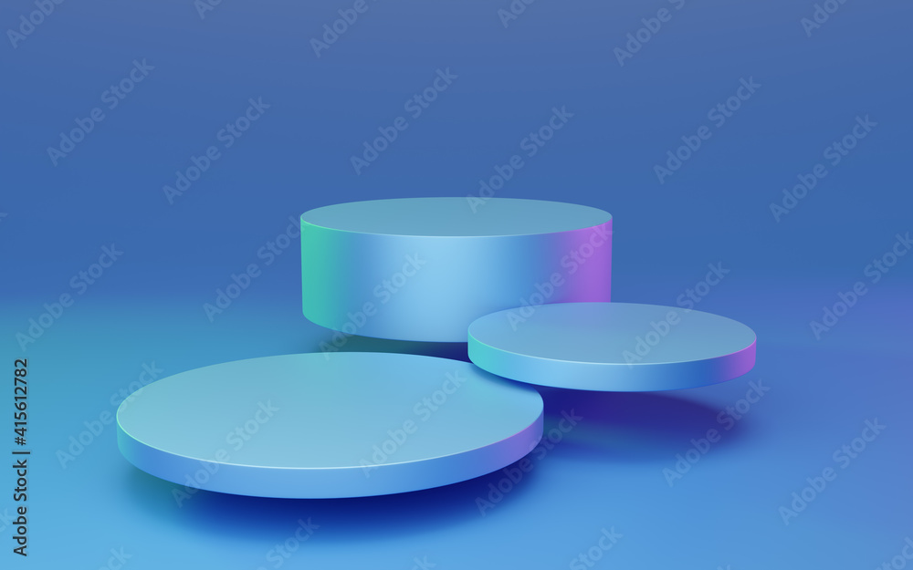 3 Empty blue cylinder podium floating with red and green rim light on bright background. Abstract minimal studio 3d geometric object. Mockup space for display of product design. 3d rendering. 3 Empty blue cylinder podium floating with red and green rim light on bright background. Abstract minimal studio 3d geometric object. Mockup space for display of product design. 3d rendering.