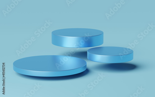 3 Empty blue cylinder podium floating on blue background. Abstract minimal studio 3d geometric shape object. Mockup space for display of product design. 3d rendering.