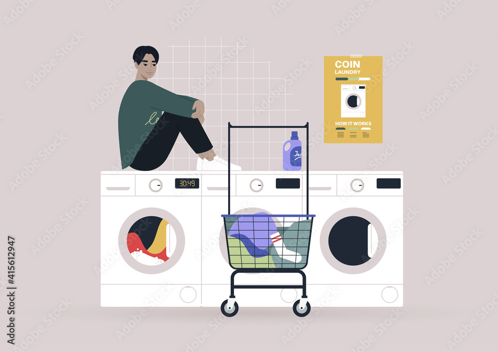 Household chores concept, a young male Asian character waiting for their laundry in a coin laundromat